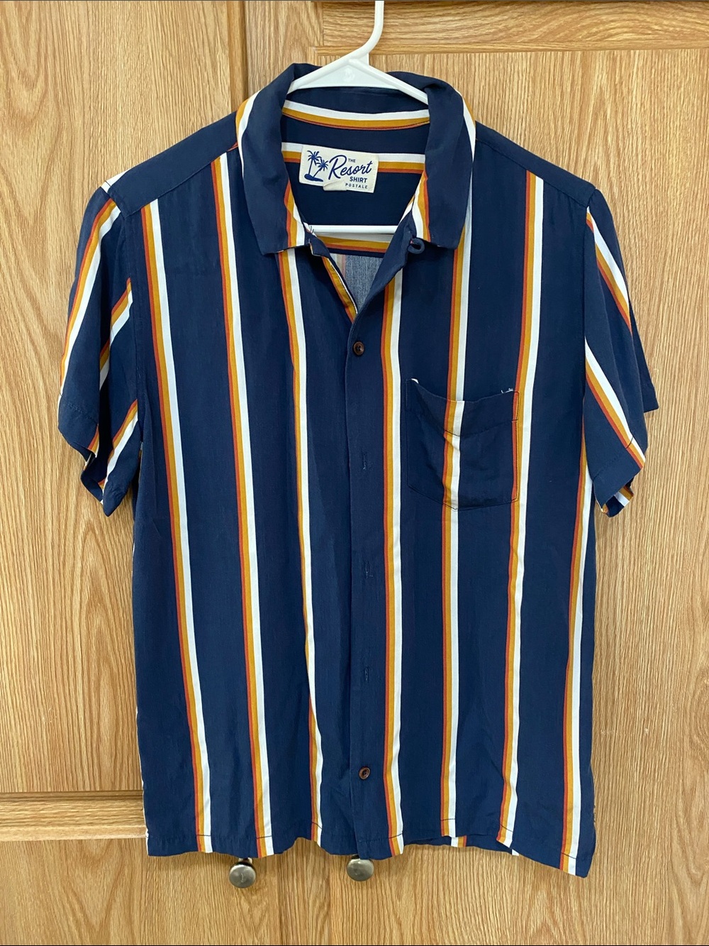 Aeropostale Navy Short-Sleeve Button-Up with White, Orange and Tan Stripes
